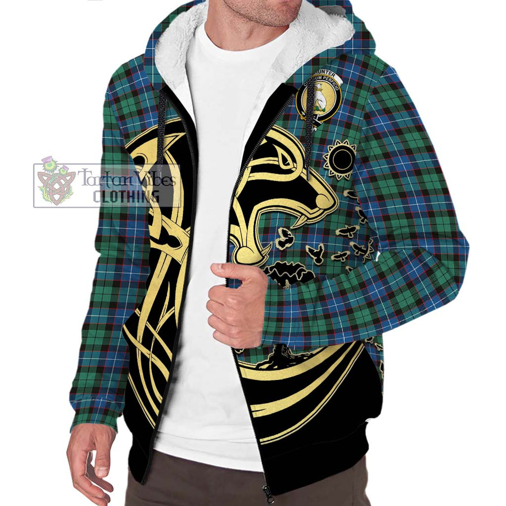 Hunter Ancient Tartan Sherpa Hoodie with Family Crest Celtic Wolf Style Unisex S - Tartan Vibes Clothing