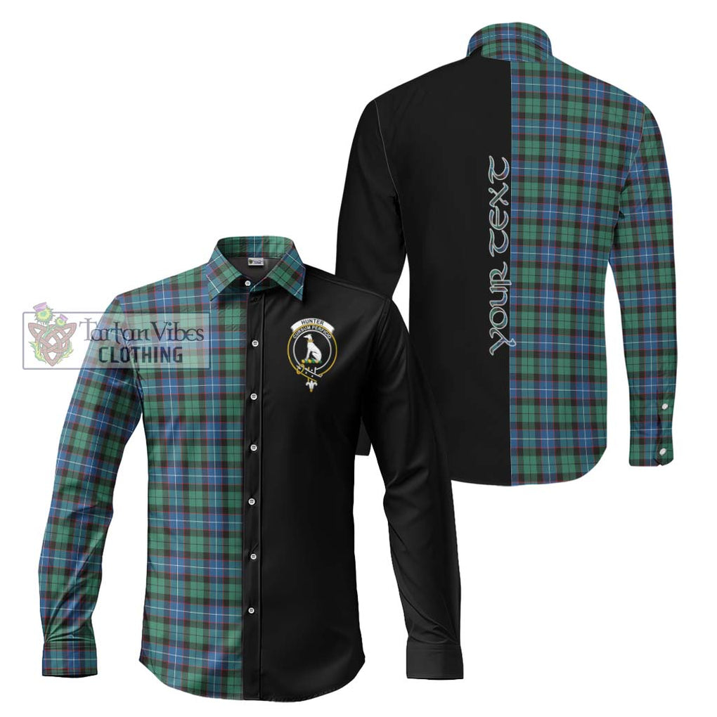 Hunter Ancient Tartan Long Sleeve Button Shirt with Family Crest and Half Of Me Style Men's Shirt S - Tartanvibesclothing Shop