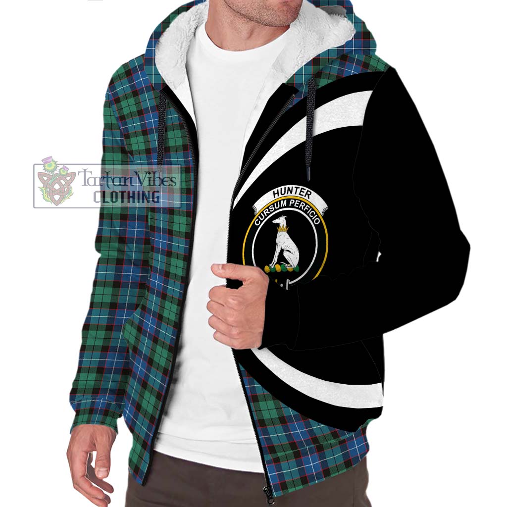 Hunter Ancient Tartan Sherpa Hoodie with Family Crest Circle Style Unisex S - Tartan Vibes Clothing