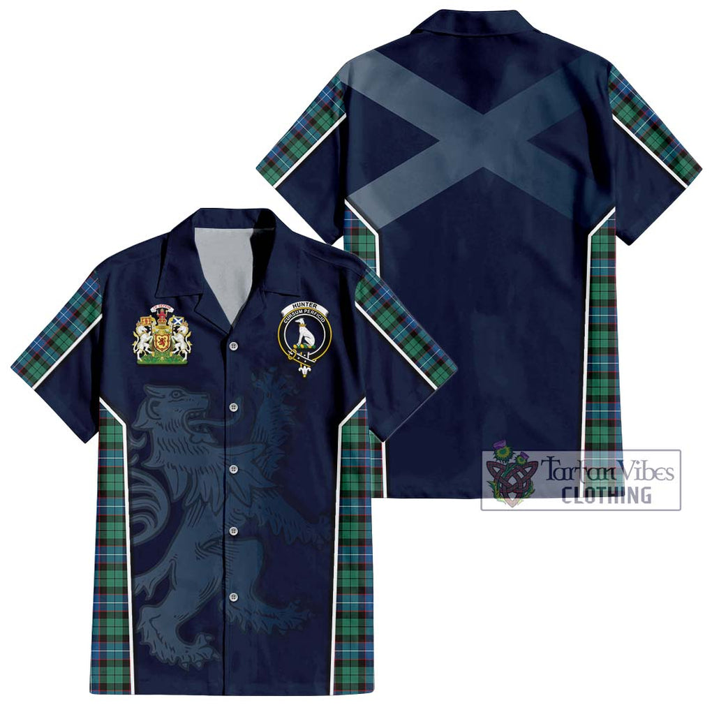 Hunter Ancient Tartan Short Sleeve Button Shirt with Family Crest and Lion Rampant Vibes Sport Style Kid - Tartan Vibes Clothing