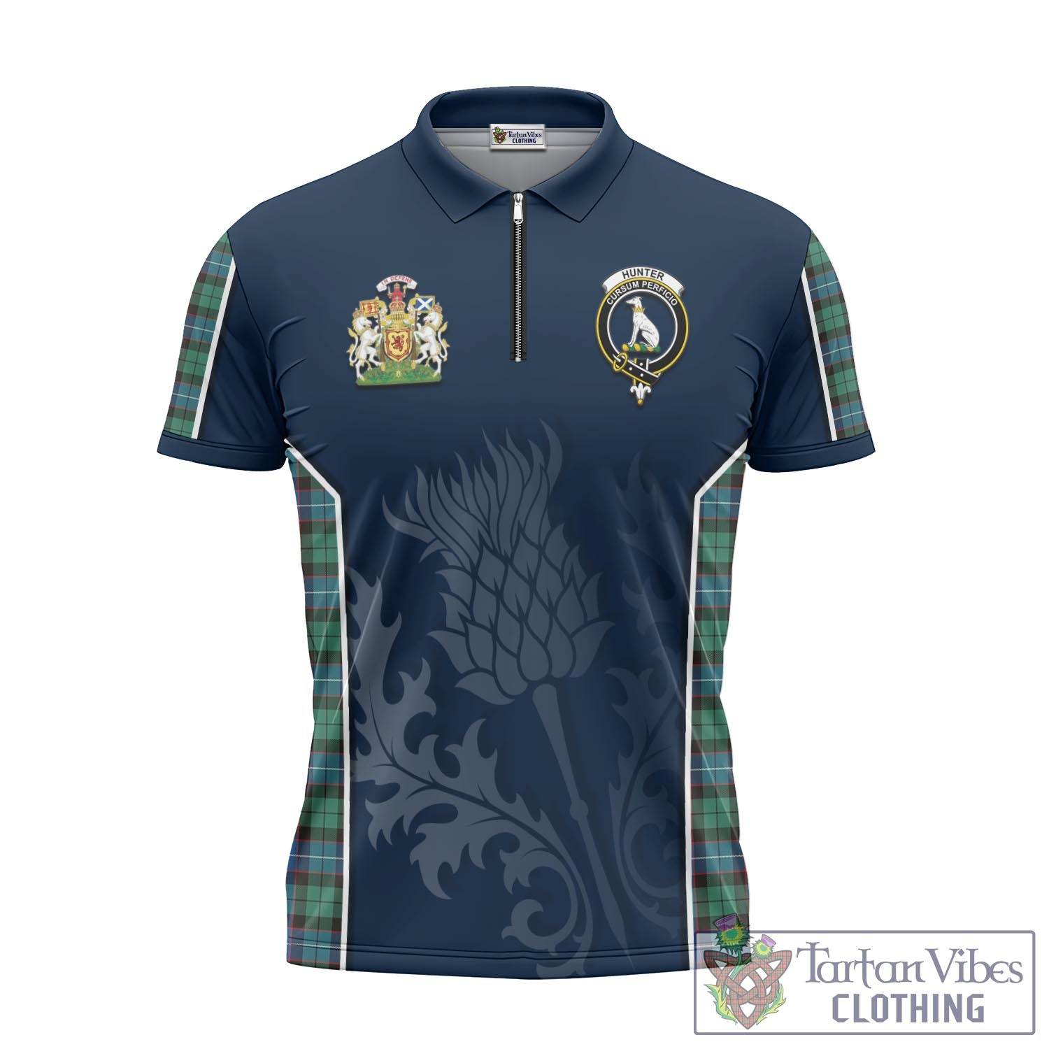 Tartan Vibes Clothing Hunter Ancient Tartan Zipper Polo Shirt with Family Crest and Scottish Thistle Vibes Sport Style