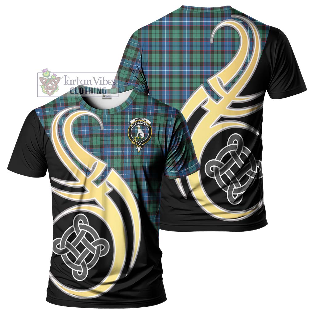 Tartan Vibes Clothing Hunter Ancient Tartan T-Shirt with Family Crest and Celtic Symbol Style