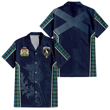 Hunter Ancient Tartan Short Sleeve Button Up Shirt with Family Crest and Scottish Thistle Vibes Sport Style