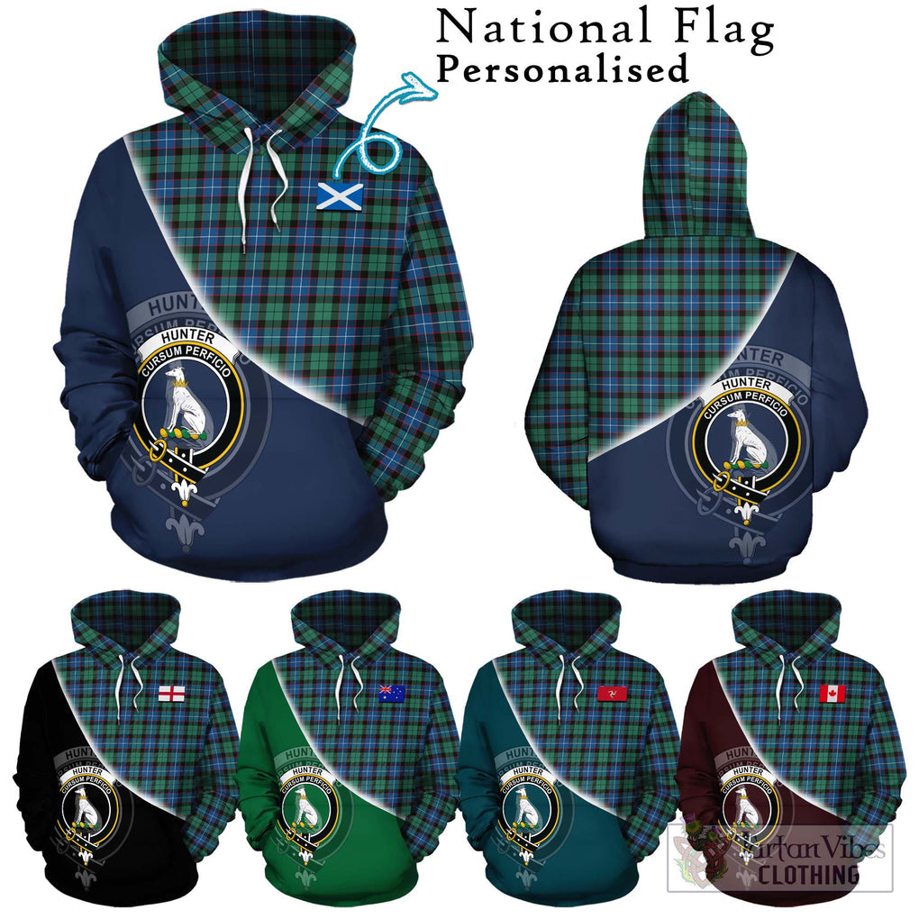 Hunter Ancient Tartan Hoodie with Personalised National Flag and Family Crest Half Style Zip Hoodie - Tartanvibesclothing Shop