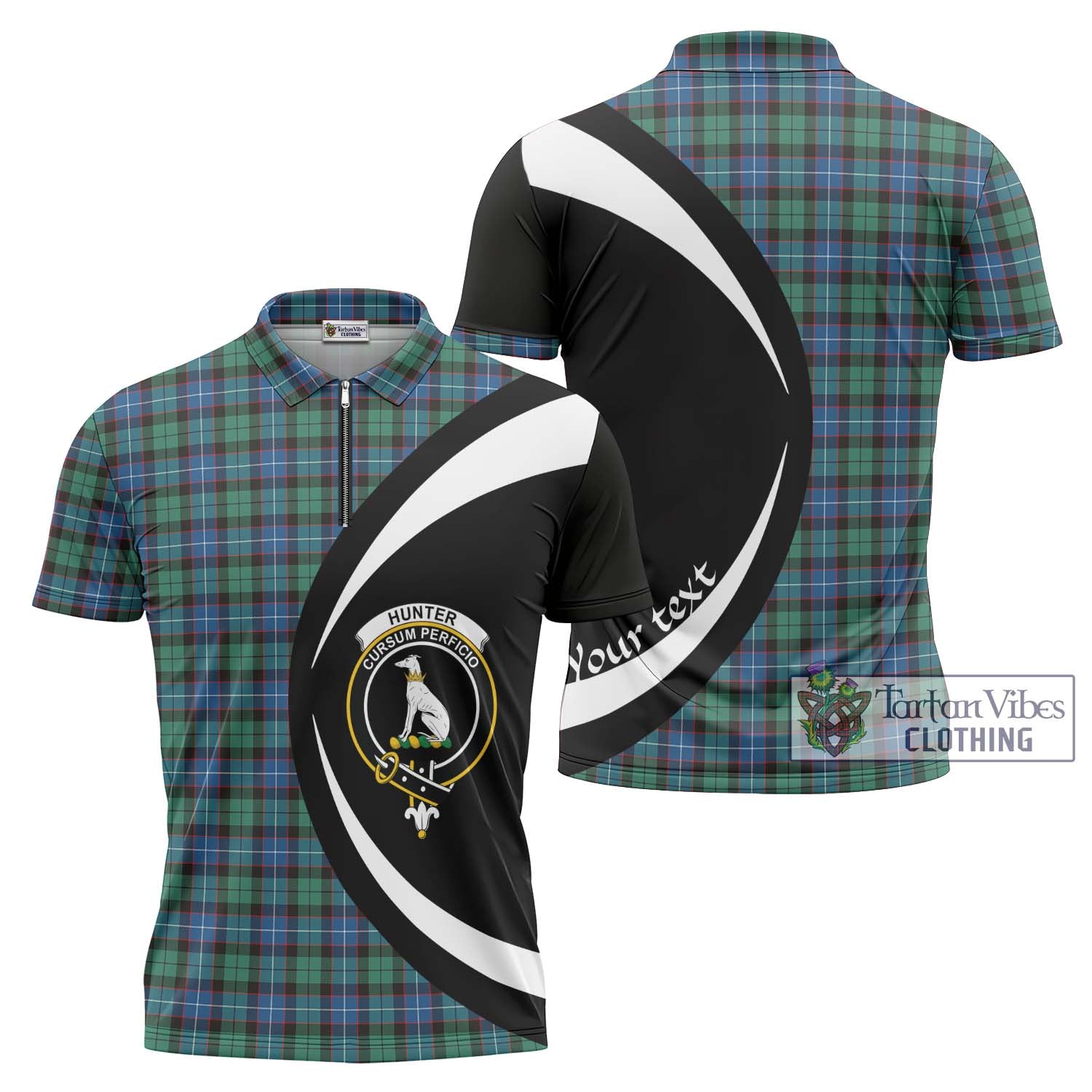 Tartan Vibes Clothing Hunter Ancient Tartan Zipper Polo Shirt with Family Crest Circle Style