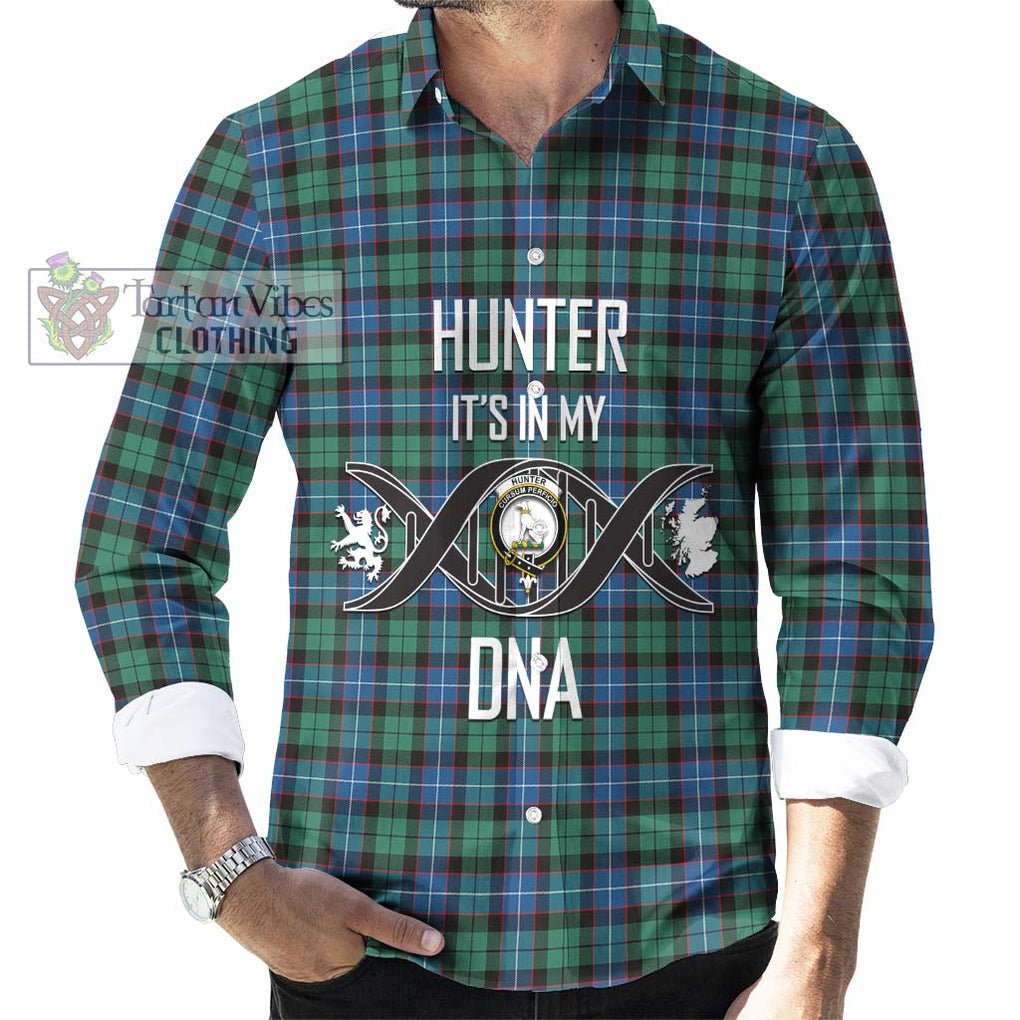 Hunter Ancient Tartan Long Sleeve Button Shirt with Family Crest DNA In Me Style Men's Shirt S - Tartanvibesclothing Shop