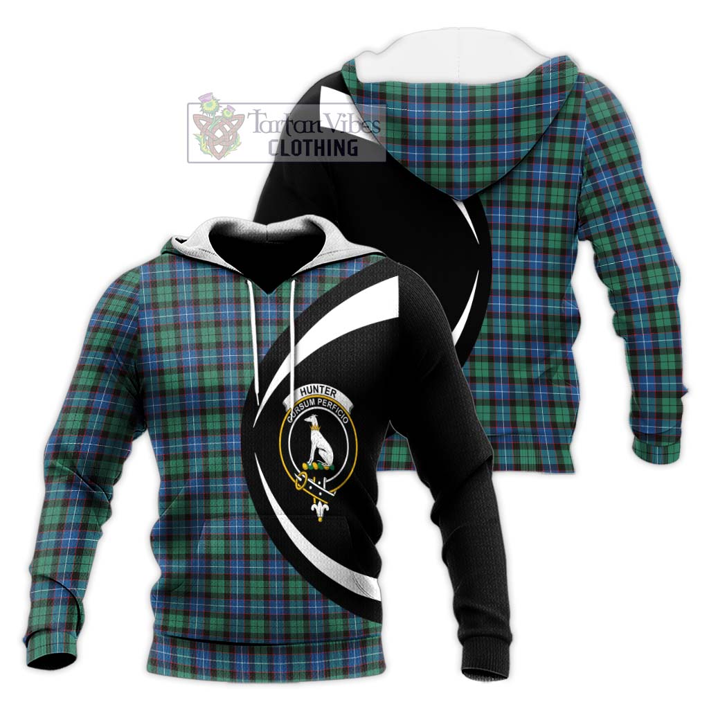 Hunter Ancient Tartan Knitted Hoodie with Family Crest Circle Style Unisex Knitted Pullover Hoodie - Tartan Vibes Clothing