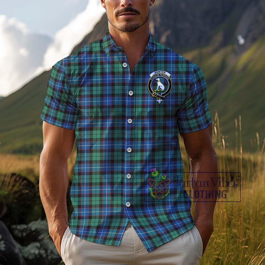 Hunter Ancient Tartan Cotton Hawaiian Shirt with Family Crest Adult - Tartan Vibes Clothing