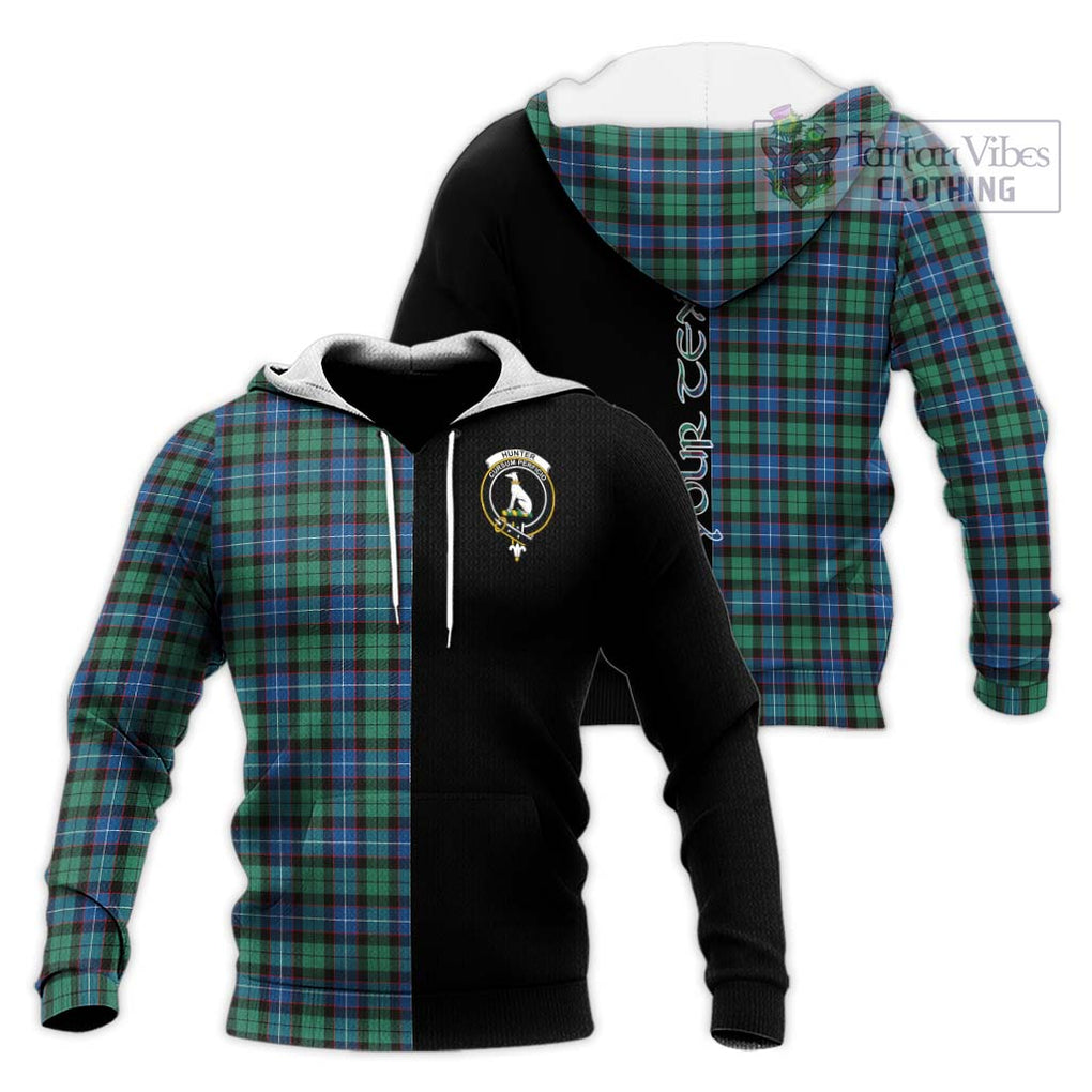 Hunter Ancient Tartan Knitted Hoodie with Family Crest and Half Of Me Style Unisex Knitted Pullover Hoodie - Tartanvibesclothing Shop