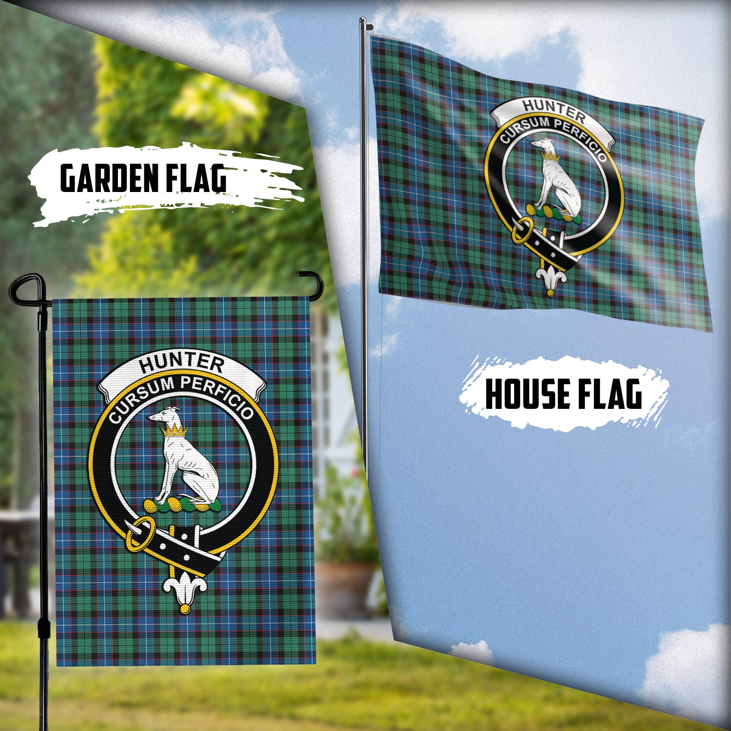 Hunter Ancient Tartan Flag with Family Crest Garden Flag (Vertical) - Tartan Vibes Clothing