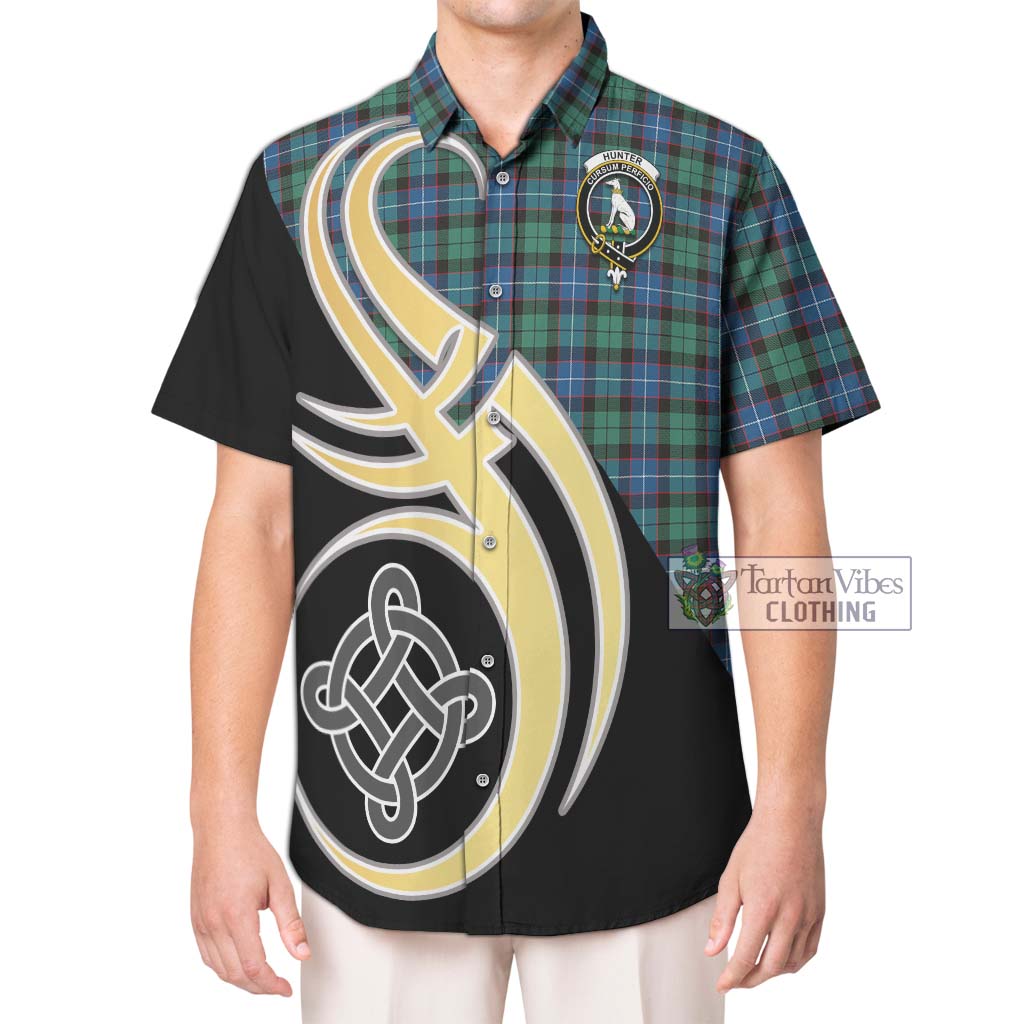 Hunter Ancient Tartan Short Sleeve Button Shirt with Family Crest and Celtic Symbol Style Kid - Tartan Vibes Clothing