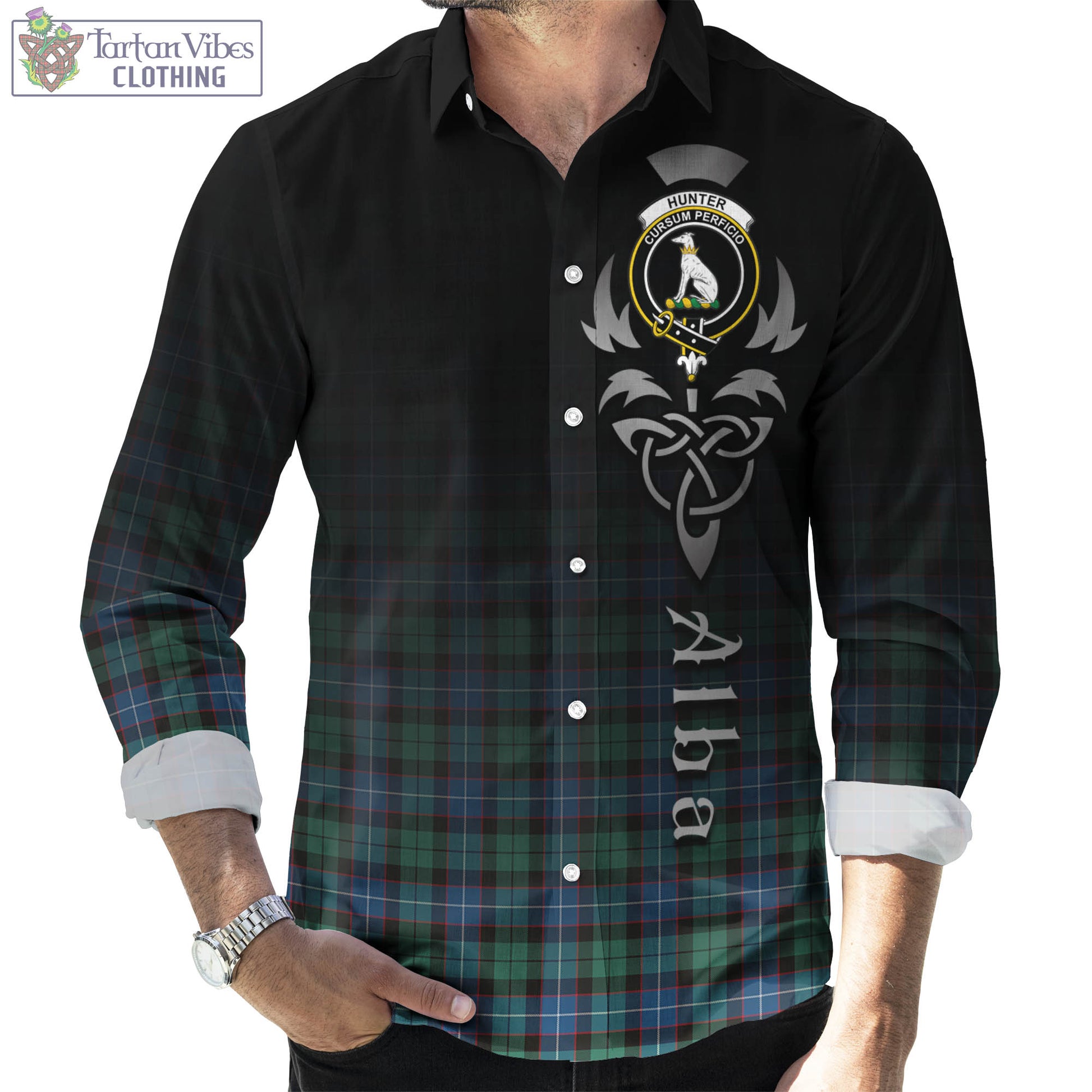 Tartan Vibes Clothing Hunter Ancient Tartan Long Sleeve Button Up Featuring Alba Gu Brath Family Crest Celtic Inspired