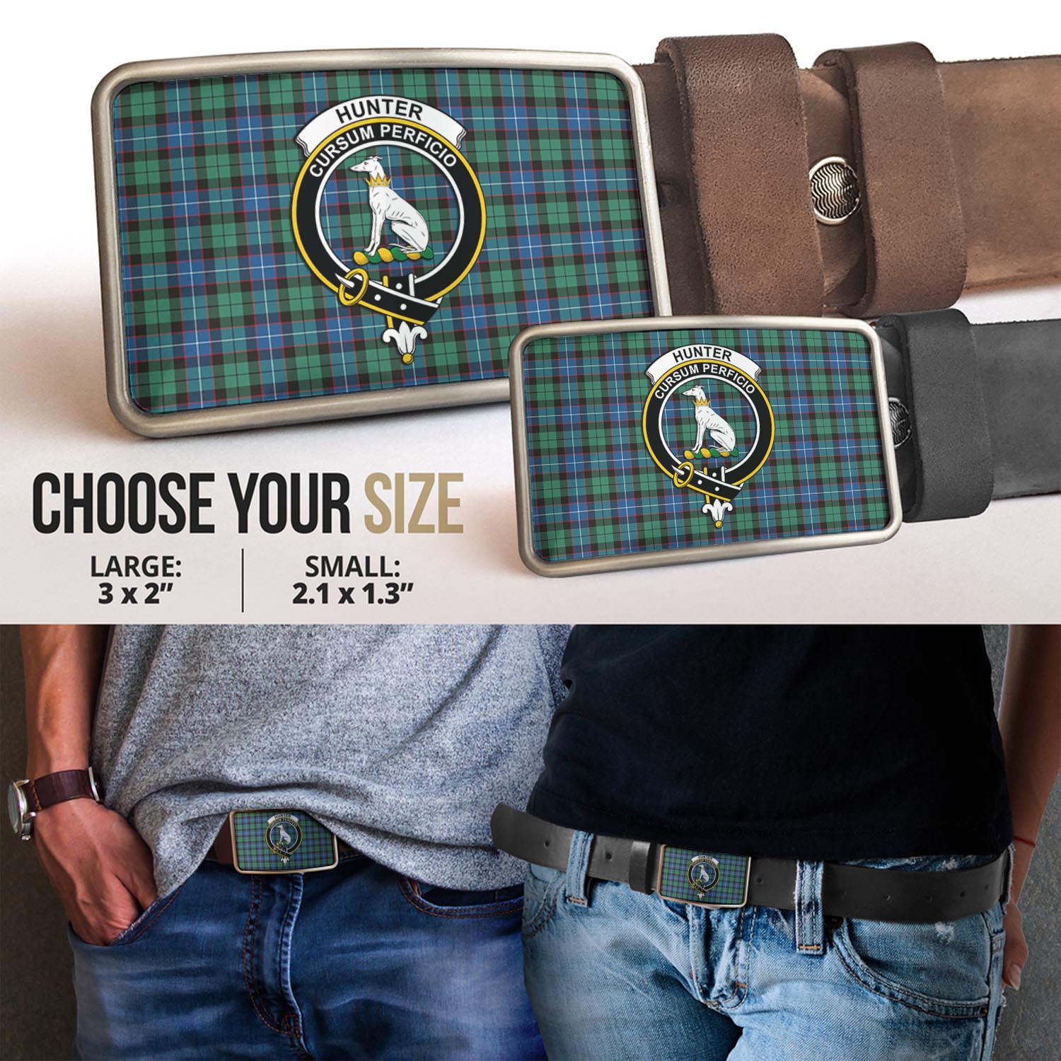 Hunter Ancient Tartan Belt Buckles with Family Crest - Tartanvibesclothing