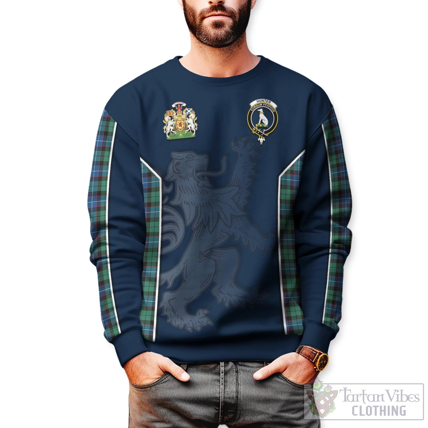 Tartan Vibes Clothing Hunter Ancient Tartan Sweater with Family Crest and Lion Rampant Vibes Sport Style