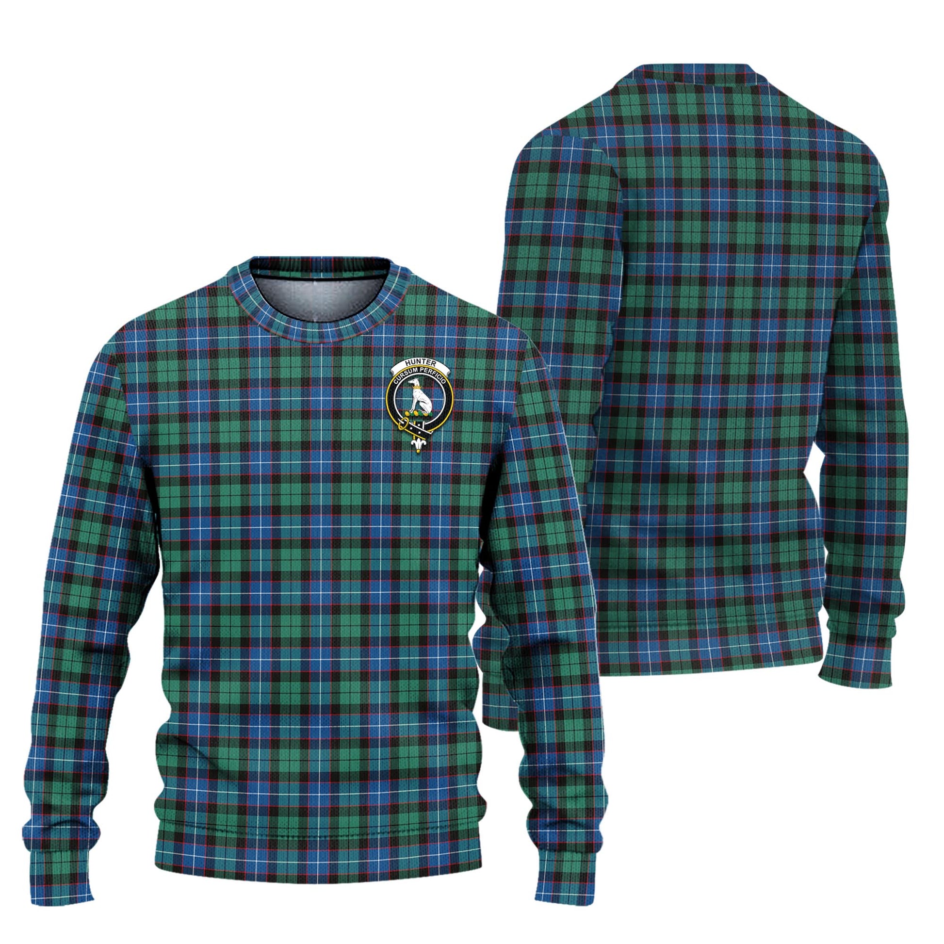 Hunter Ancient Tartan Knitted Sweater with Family Crest Unisex - Tartanvibesclothing