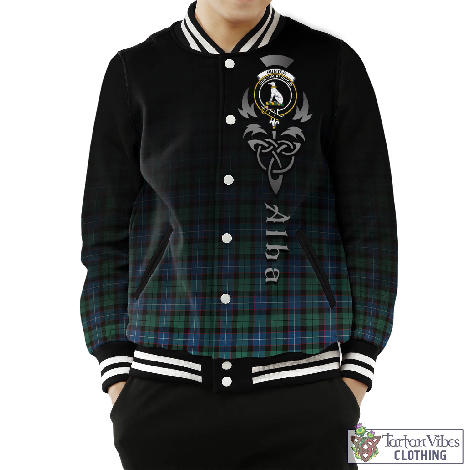 Tartan Vibes Clothing Hunter Ancient Tartan Baseball Jacket Featuring Alba Gu Brath Family Crest Celtic Inspired