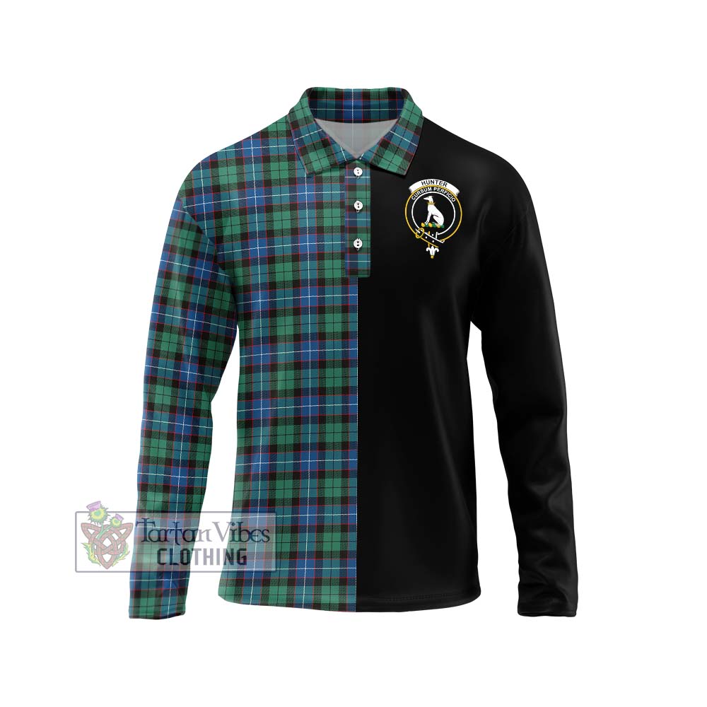 Hunter Ancient Tartan Long Sleeve Polo Shirt with Family Crest and Half Of Me Style Unisex - Tartanvibesclothing Shop