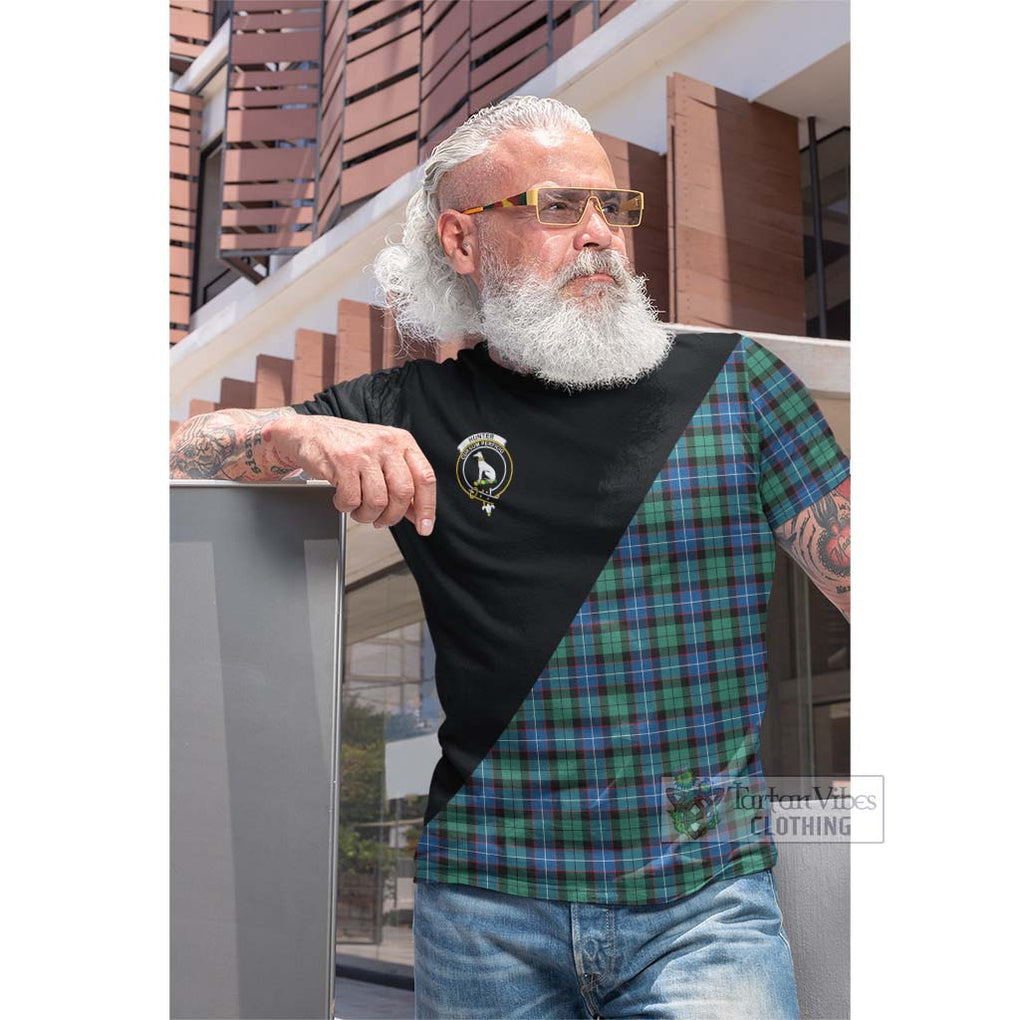 Tartan Vibes Clothing Hunter Ancient Tartan Cotton T-shirt with Family Crest and Military Logo Style