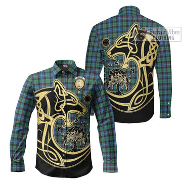 Hunter Ancient Tartan Long Sleeve Button Shirt with Family Crest Celtic Wolf Style