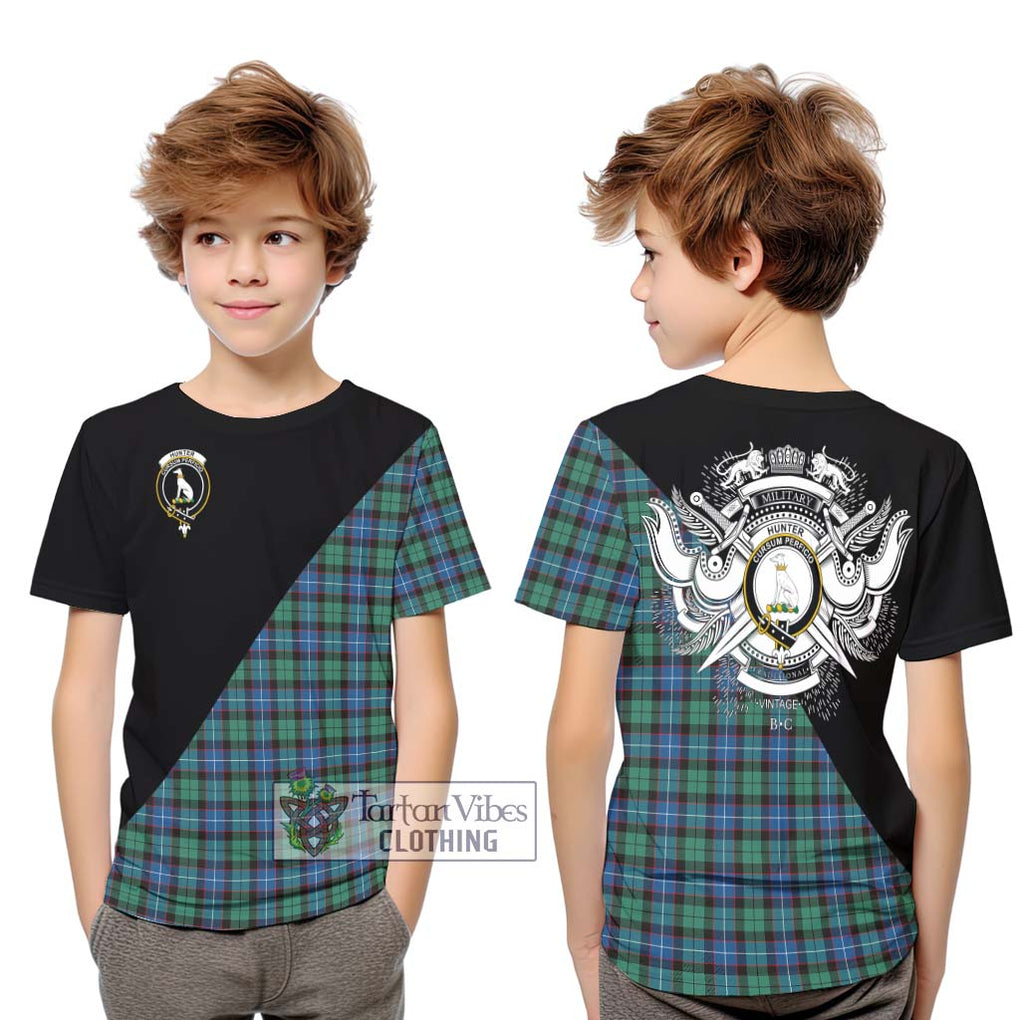 Hunter Ancient Tartan Kid T-Shirt with Family Crest and Military Logo Style Youth XL Size14 - Tartanvibesclothing Shop