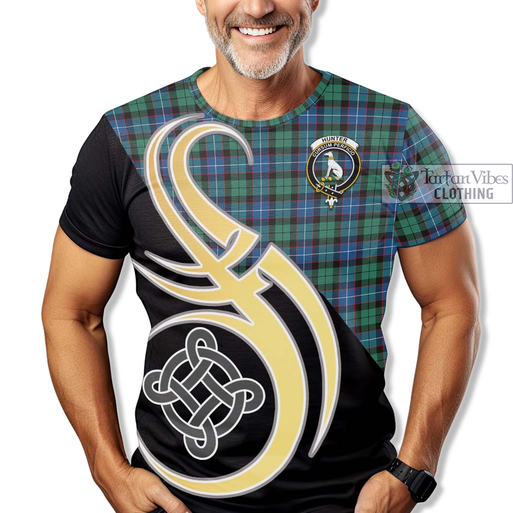 Tartan Vibes Clothing Hunter Ancient Tartan T-Shirt with Family Crest and Celtic Symbol Style