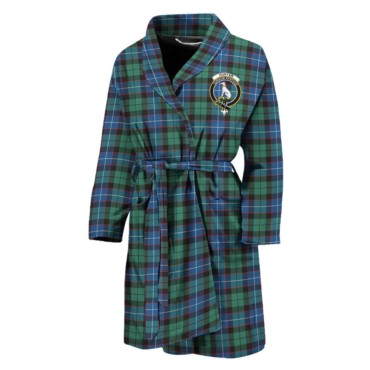 Hunter Ancient Tartan Bathrobe with Family Crest Unisex M - Tartan Vibes Clothing