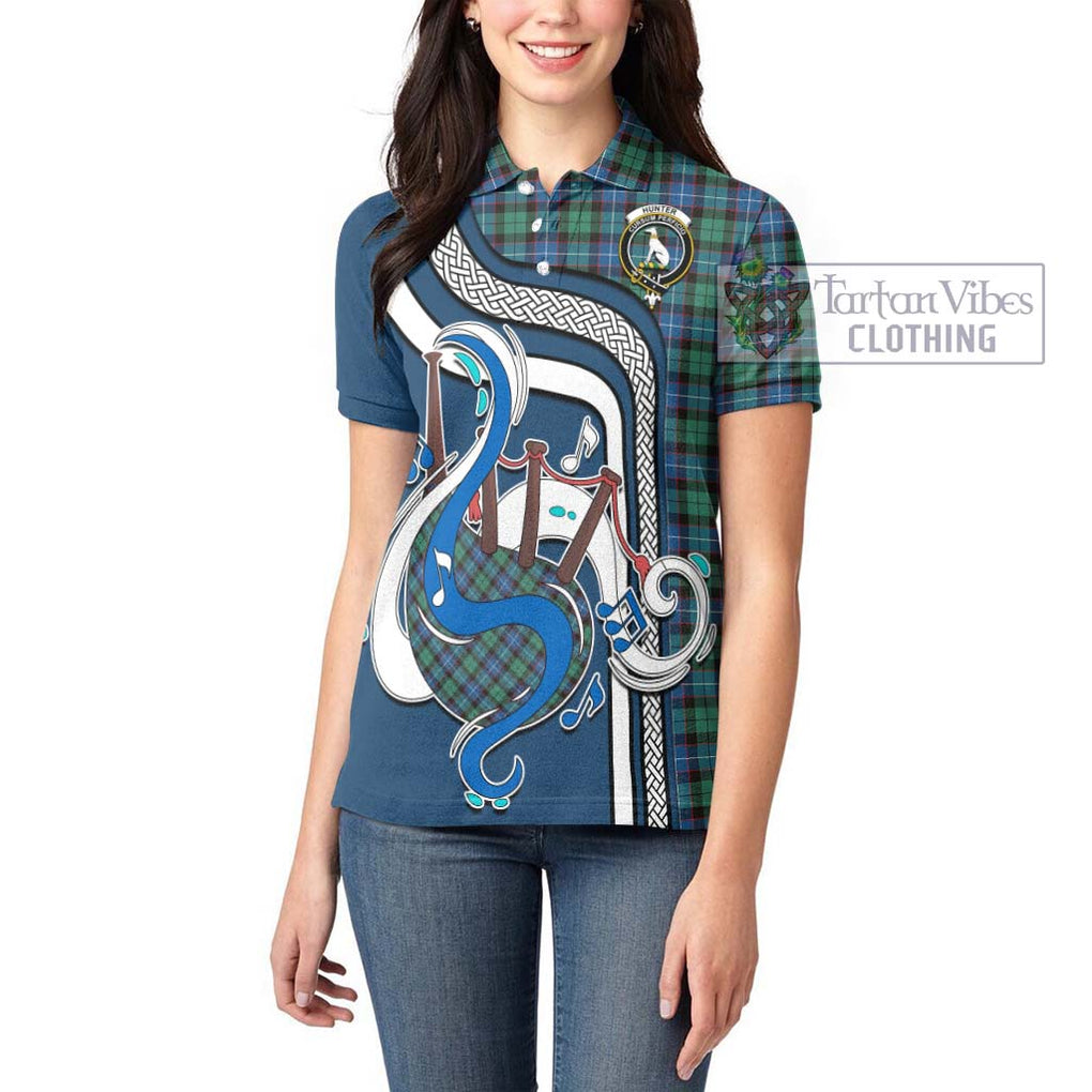 Hunter Ancient Tartan Women's Polo Shirt with Epic Bagpipe Style - Tartanvibesclothing Shop