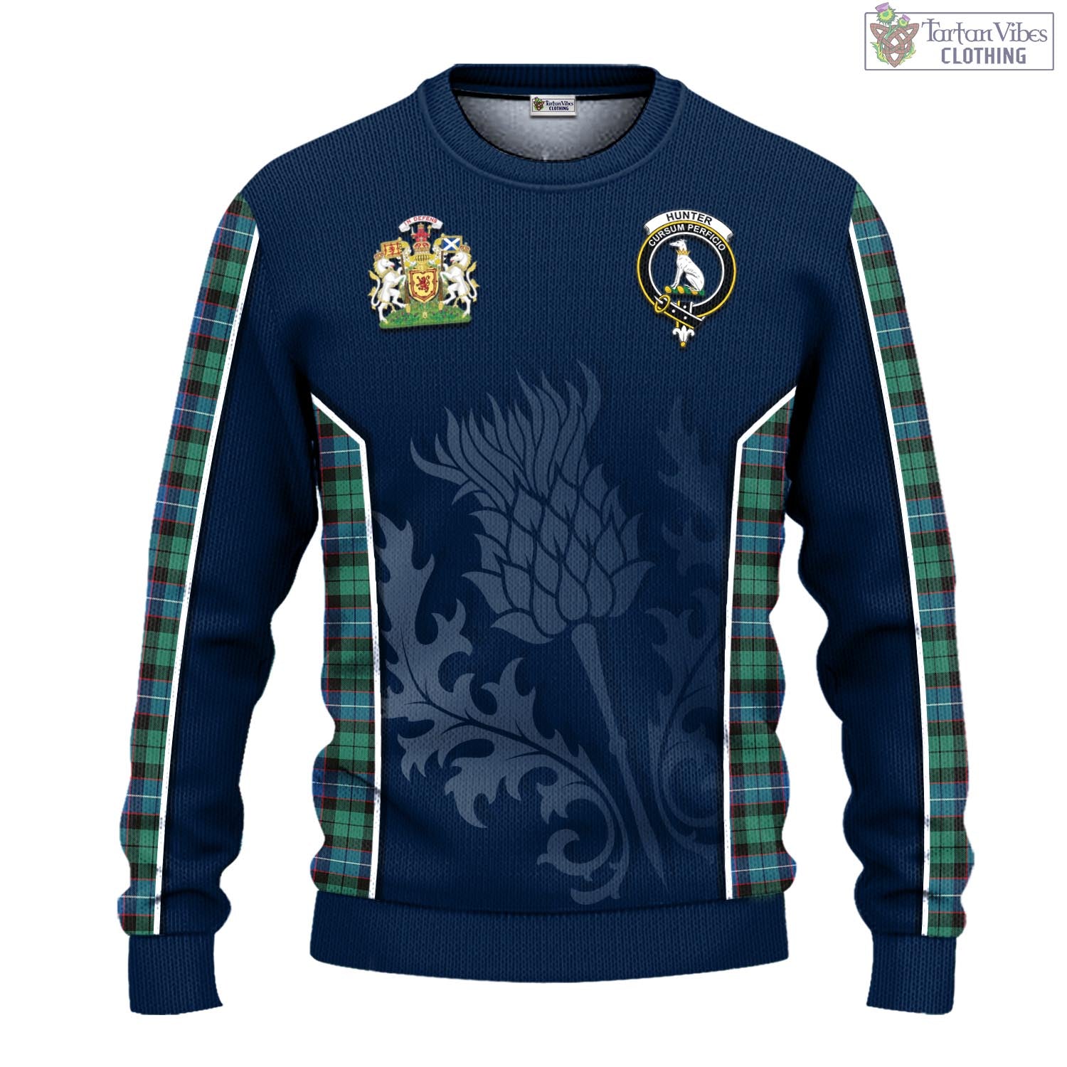 Tartan Vibes Clothing Hunter Ancient Tartan Knitted Sweatshirt with Family Crest and Scottish Thistle Vibes Sport Style