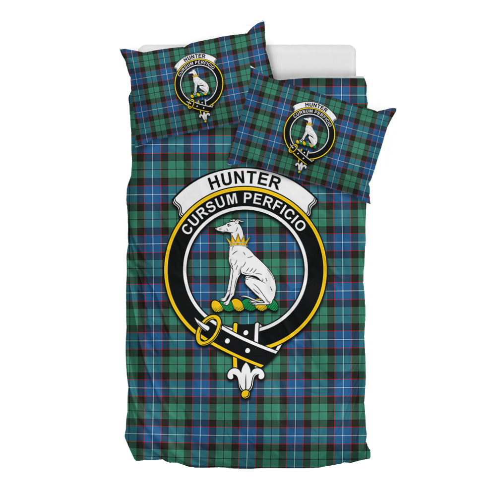 Hunter Ancient Tartan Bedding Set with Family Crest - Tartan Vibes Clothing