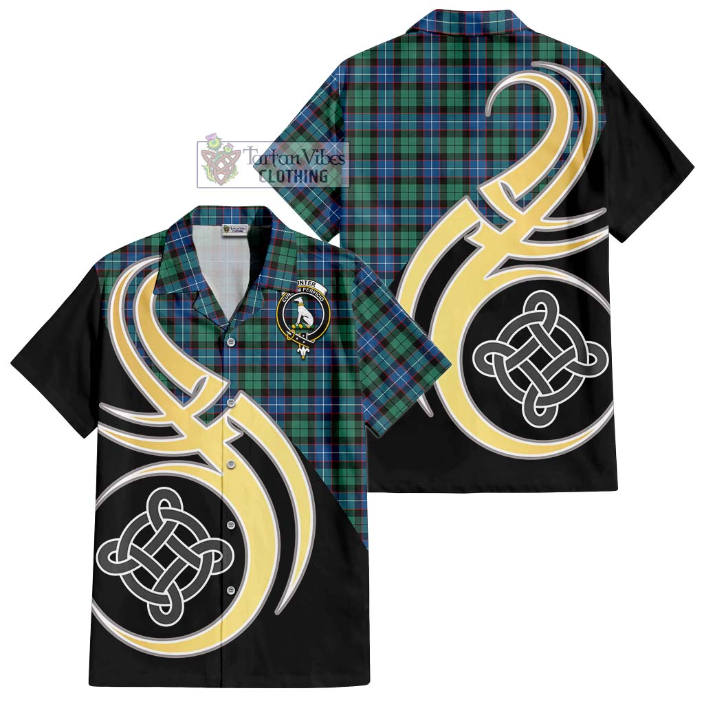 Hunter Ancient Tartan Short Sleeve Button Shirt with Family Crest and Celtic Symbol Style - Tartan Vibes Clothing