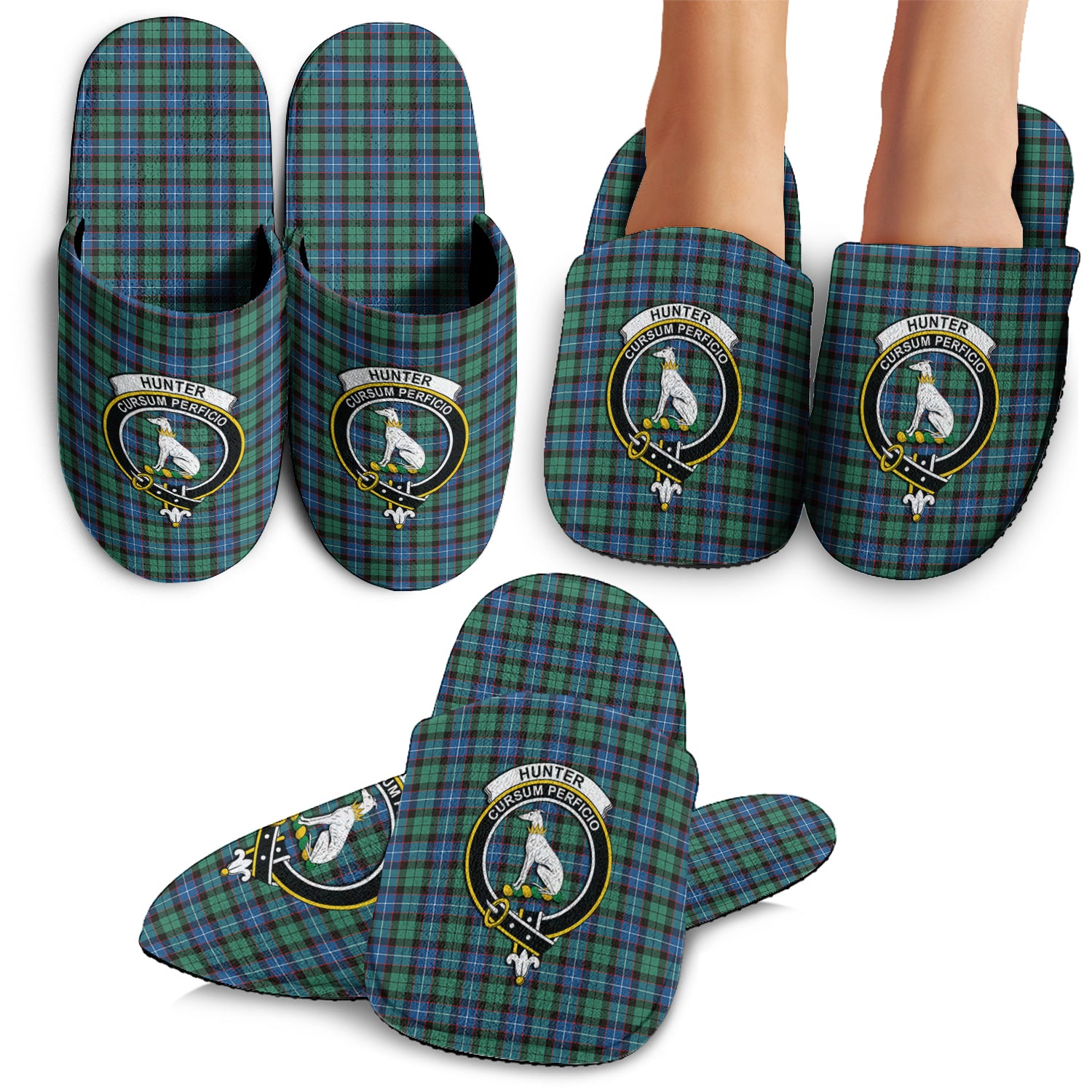 Hunter Ancient Tartan Home Slippers with Family Crest - Tartanvibesclothing