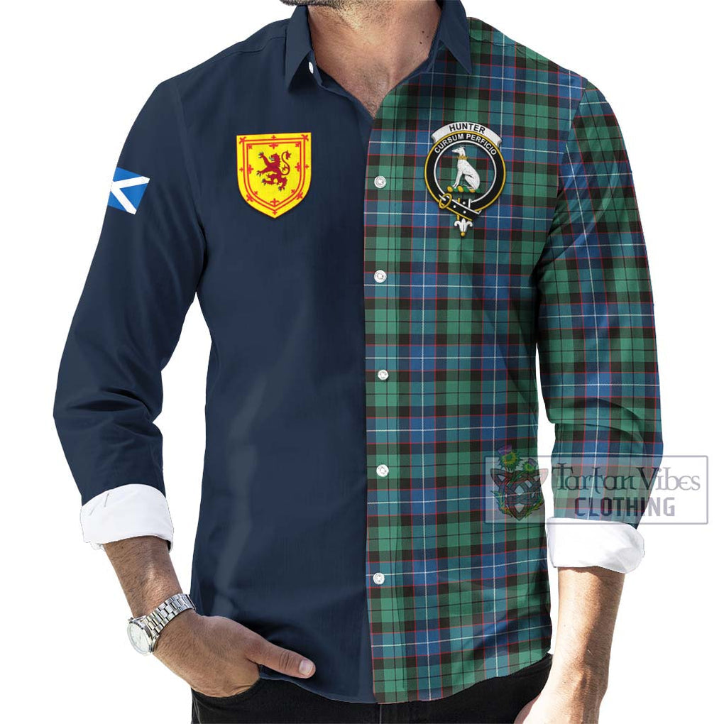 Tartan Vibes Clothing Hunter Ancient Tartan Long Sleeve Button Shirt with Scottish Lion Royal Arm Half Style