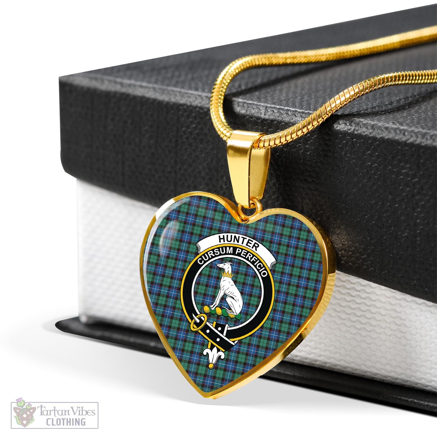 Tartan Vibes Clothing Hunter Ancient Tartan Heart Necklace with Family Crest