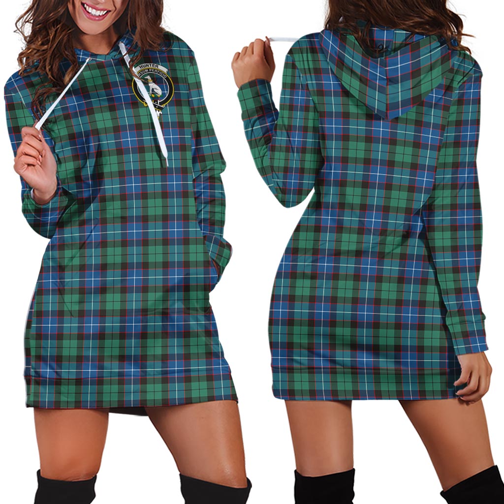 Hunter Ancient Tartan Hoodie Dress with Family Crest - Tartan Vibes Clothing