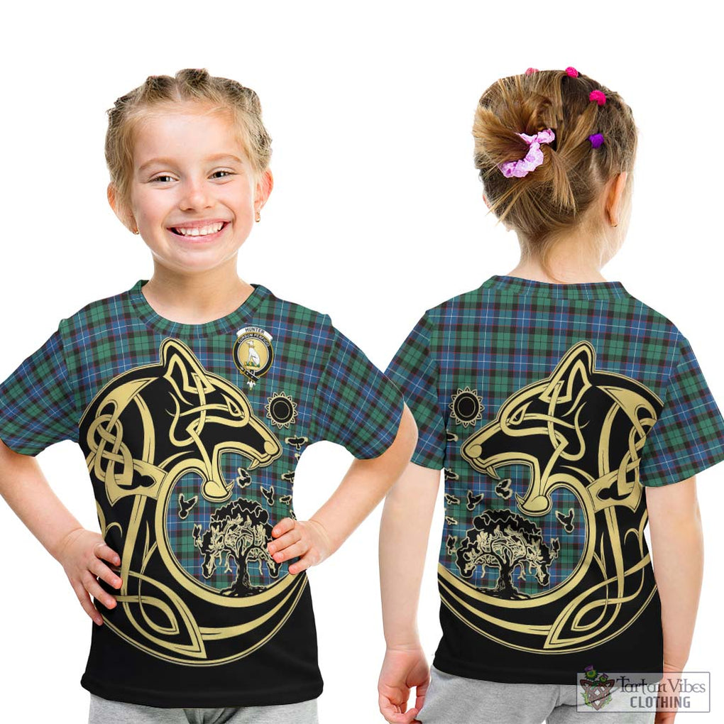 Hunter Ancient Tartan Kid T-Shirt with Family Crest Celtic Wolf Style - Tartan Vibes Clothing