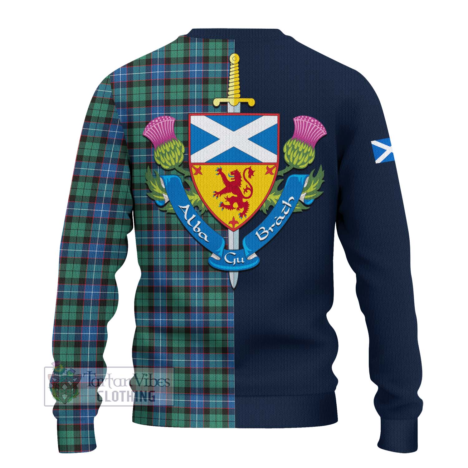 Tartan Vibes Clothing Hunter Ancient Tartan Knitted Sweater with Scottish Lion Royal Arm Half Style