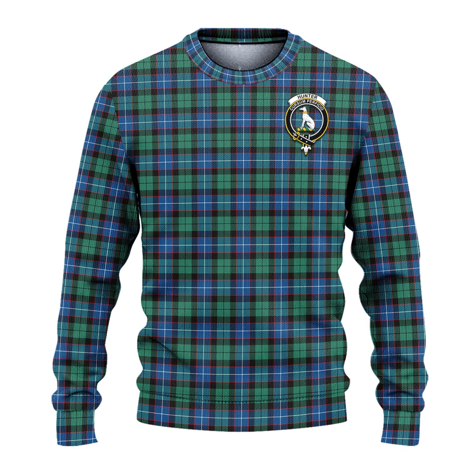 Hunter Ancient Tartan Knitted Sweater with Family Crest - Tartanvibesclothing