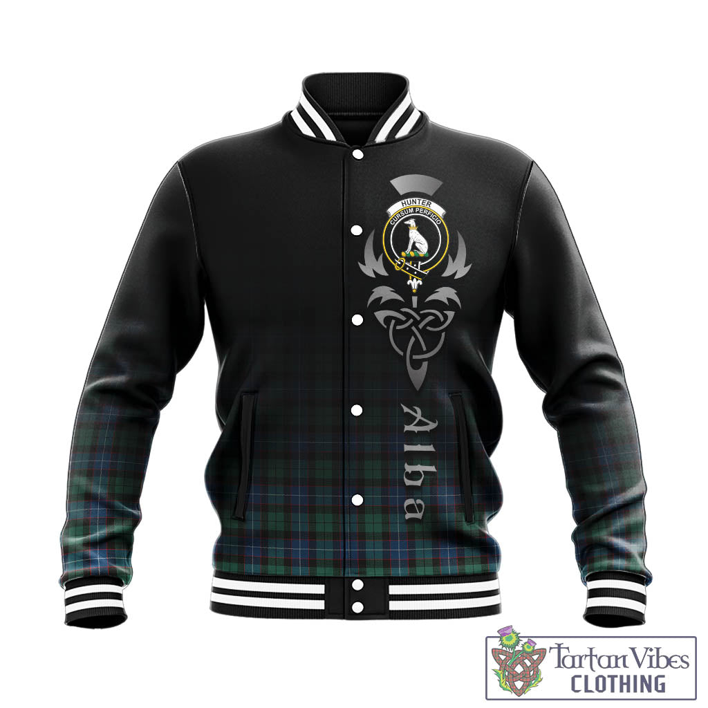 Tartan Vibes Clothing Hunter Ancient Tartan Baseball Jacket Featuring Alba Gu Brath Family Crest Celtic Inspired