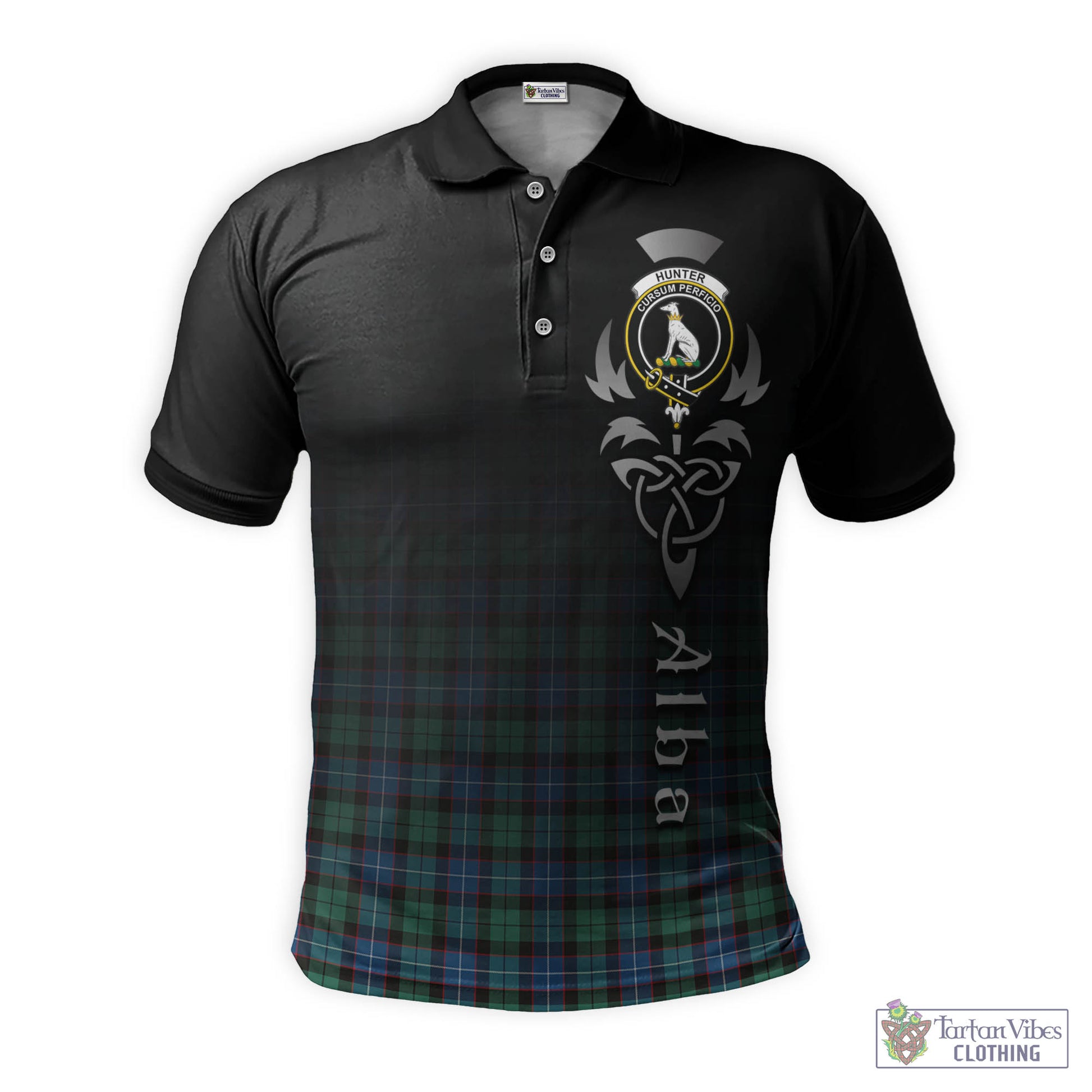 Tartan Vibes Clothing Hunter Ancient Tartan Polo Shirt Featuring Alba Gu Brath Family Crest Celtic Inspired