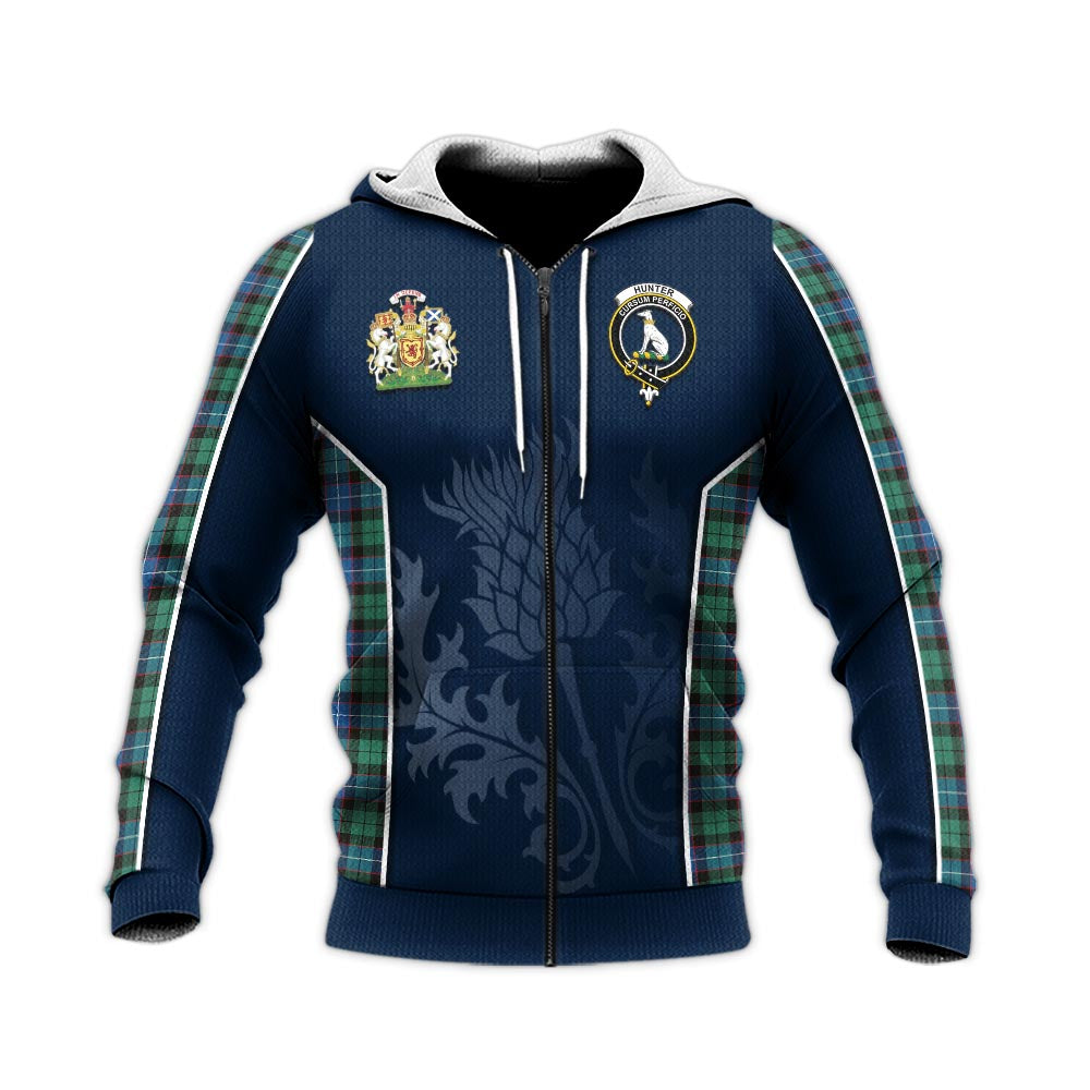 Tartan Vibes Clothing Hunter Ancient Tartan Knitted Hoodie with Family Crest and Scottish Thistle Vibes Sport Style