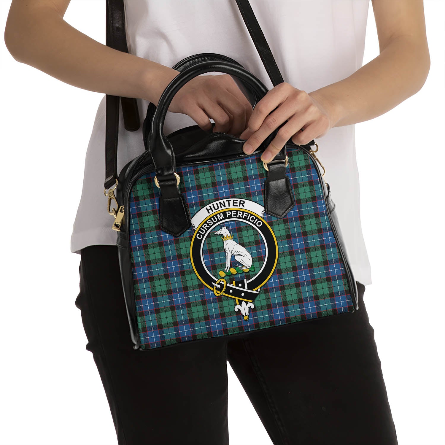 Hunter Ancient Tartan Shoulder Handbags with Family Crest - Tartanvibesclothing