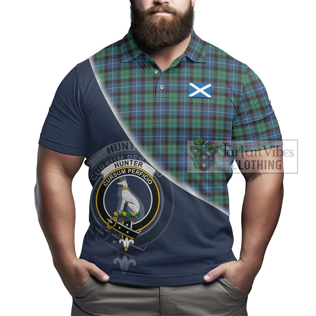 Hunter Ancient Tartan Polo Shirt with Personalised National Flag and Family Crest Half Style - Tartanvibesclothing Shop