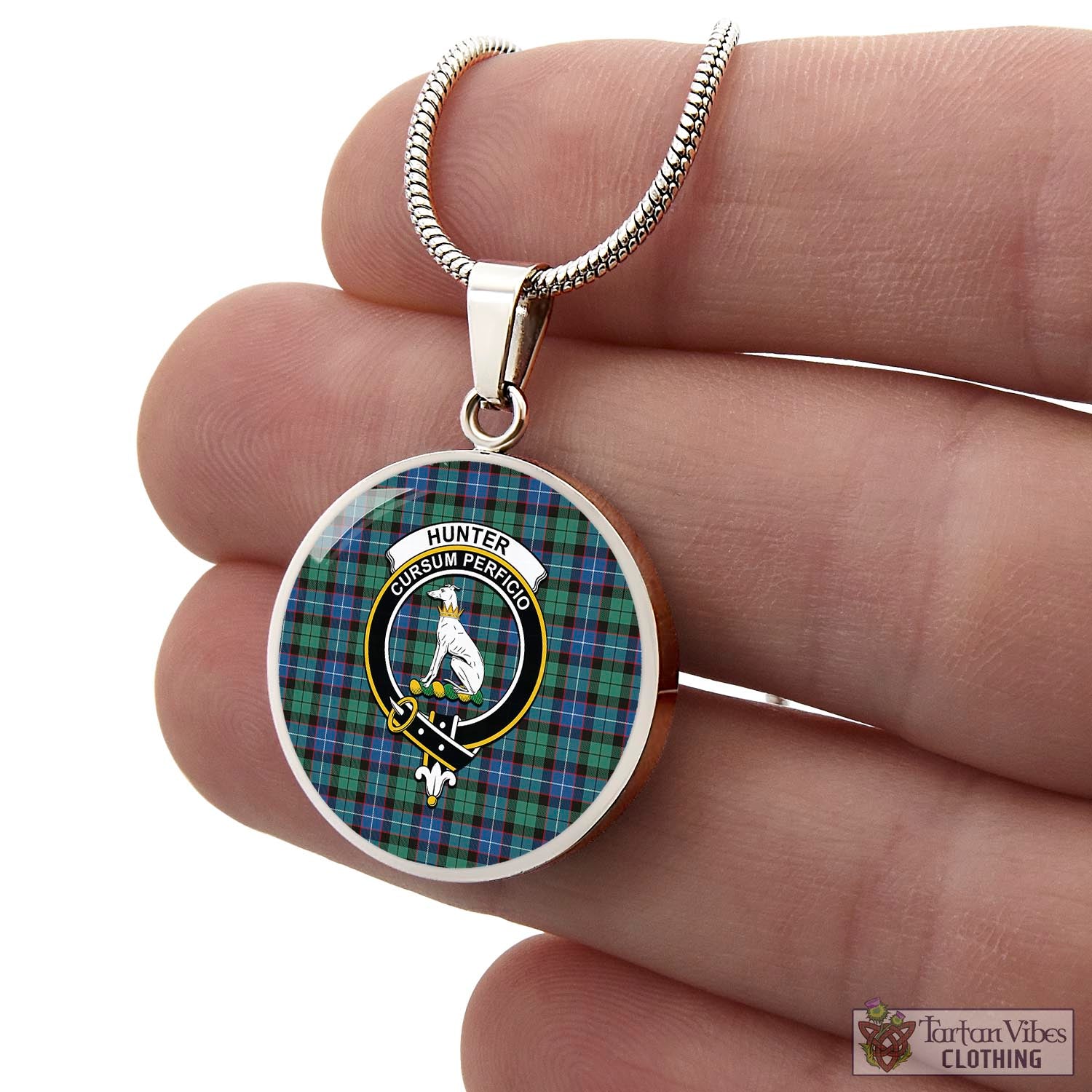 Tartan Vibes Clothing Hunter Ancient Tartan Circle Necklace with Family Crest