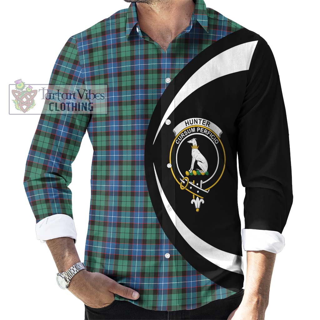 Hunter Ancient Tartan Long Sleeve Button Up with Family Crest Circle Style - Tartan Vibes Clothing