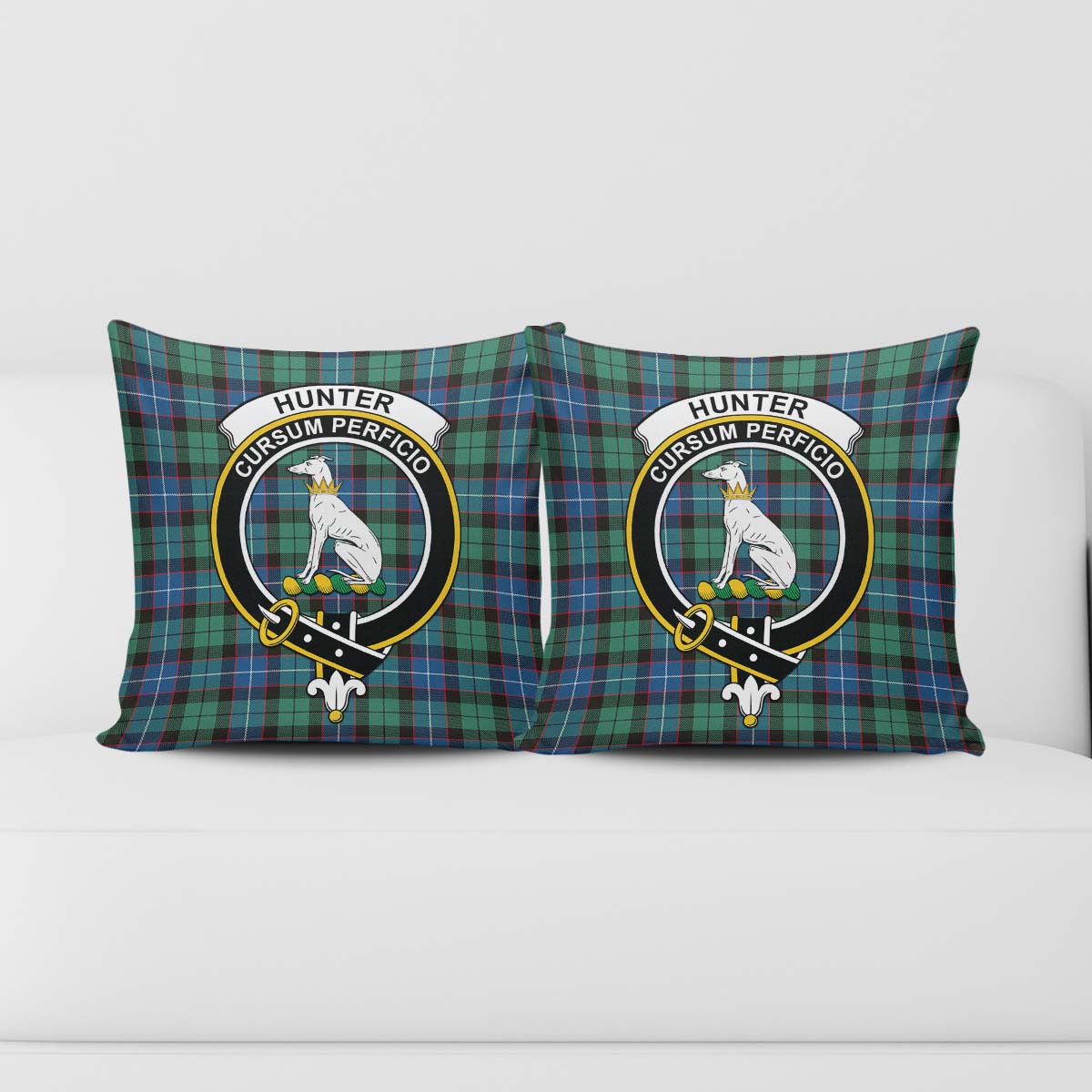 Hunter Ancient Tartan Pillow Cover with Family Crest - Tartanvibesclothing