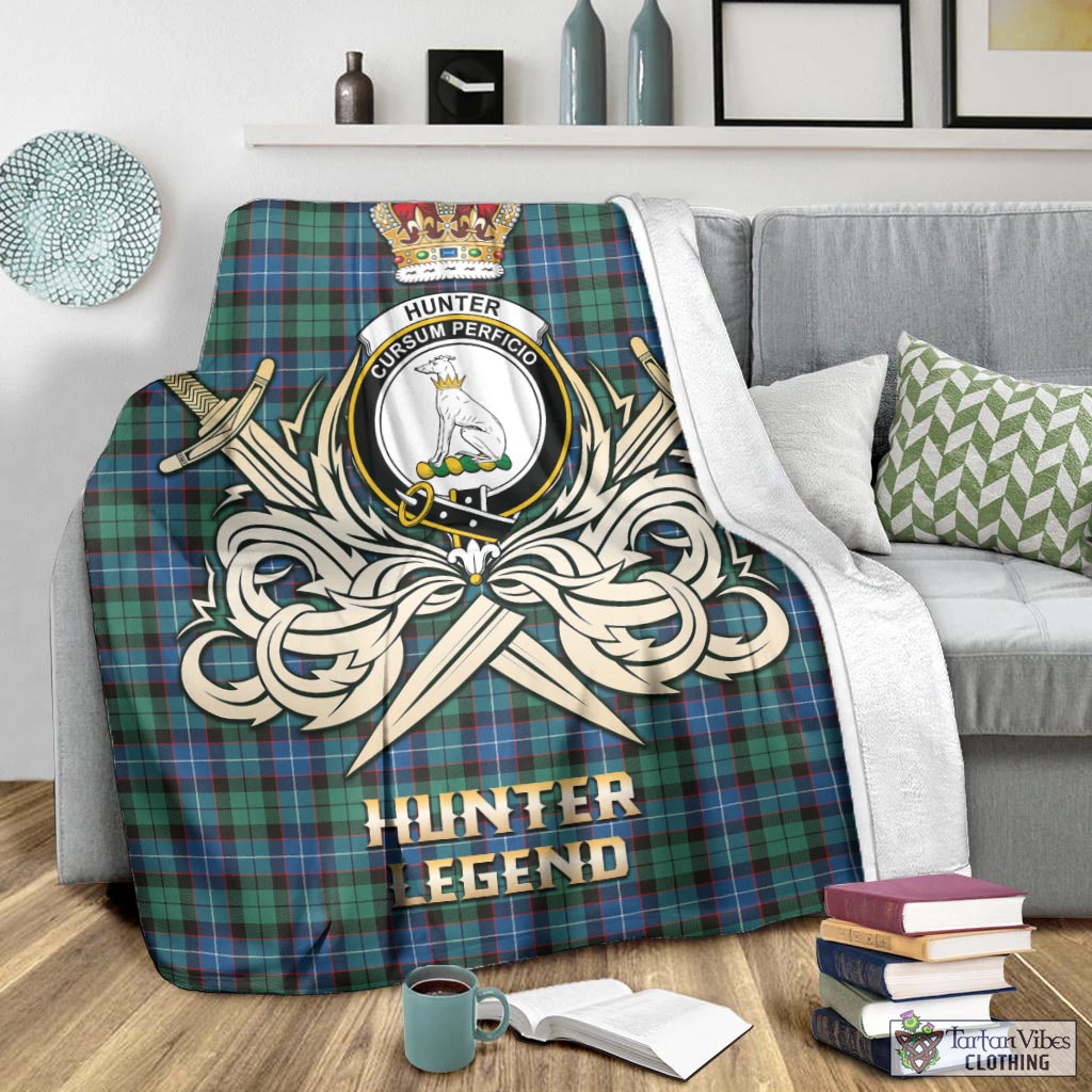 Tartan Vibes Clothing Hunter Ancient Tartan Blanket with Clan Crest and the Golden Sword of Courageous Legacy