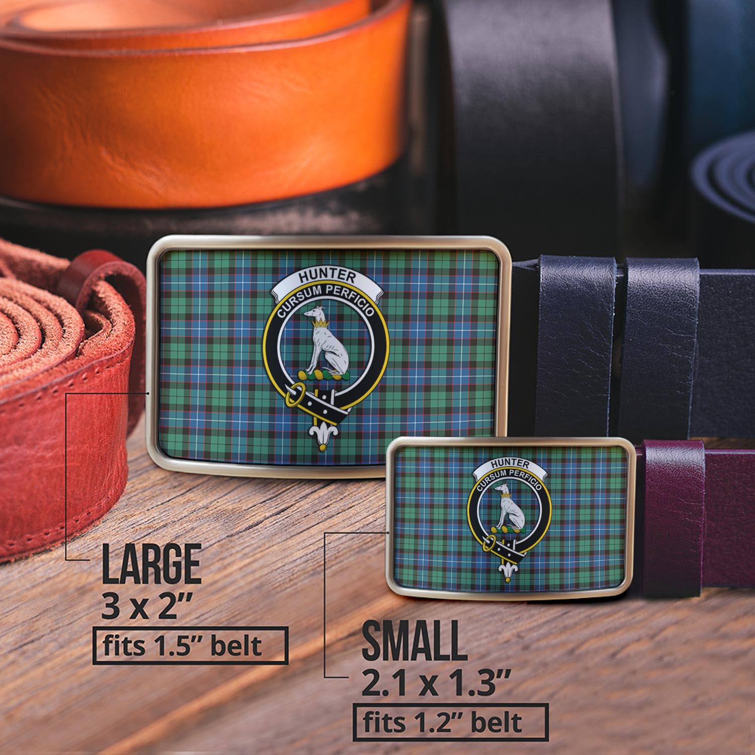 Hunter Ancient Tartan Belt Buckles with Family Crest - Tartan Vibes Clothing