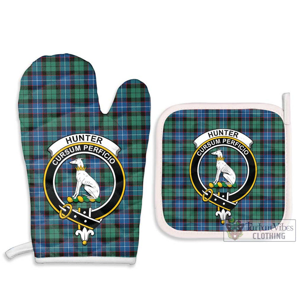 Hunter Ancient Tartan Combo Oven Mitt & Pot-Holder with Family Crest Combo 1 Oven Mitt & 2 Pot-Holder White - Tartan Vibes Clothing