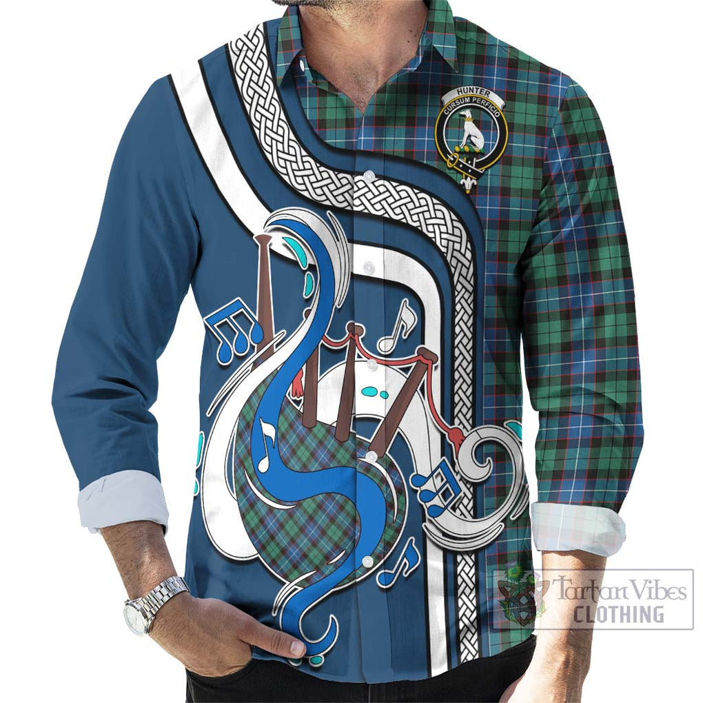 Hunter Ancient Tartan Long Sleeve Button Shirt with Epic Bagpipe Style - Tartanvibesclothing Shop