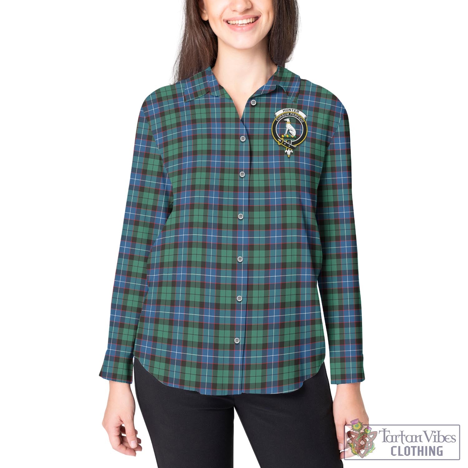 Tartan Vibes Clothing Hunter Ancient Tartan Womens Casual Shirt with Family Crest